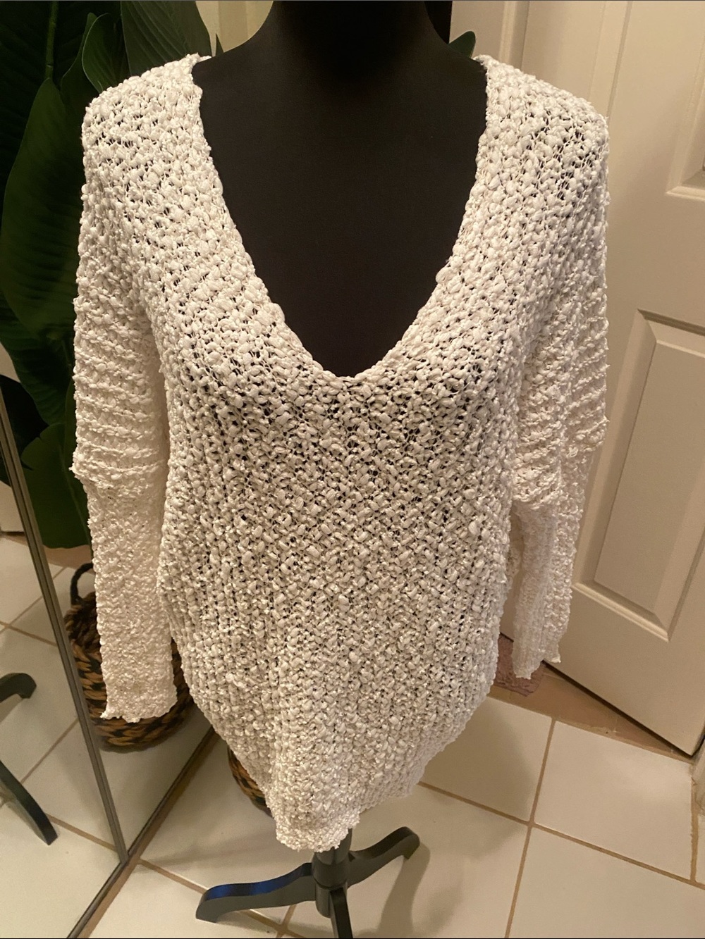 SHEIN White V-Neck Open Knit Pullover Sweater